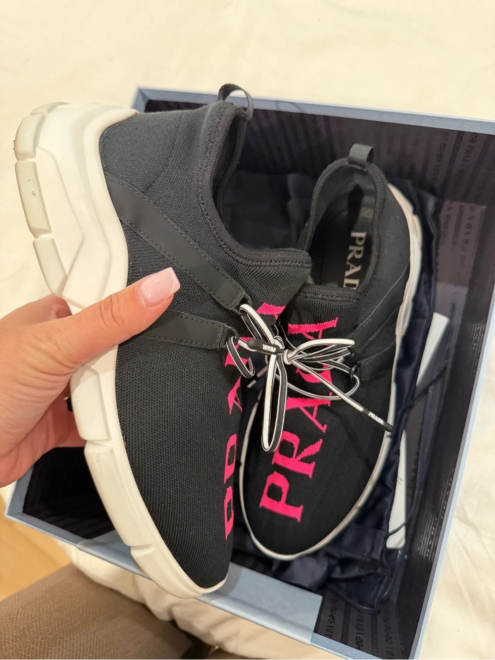 Prada Black & Hot Pink Knit Lace-Up Sneakers